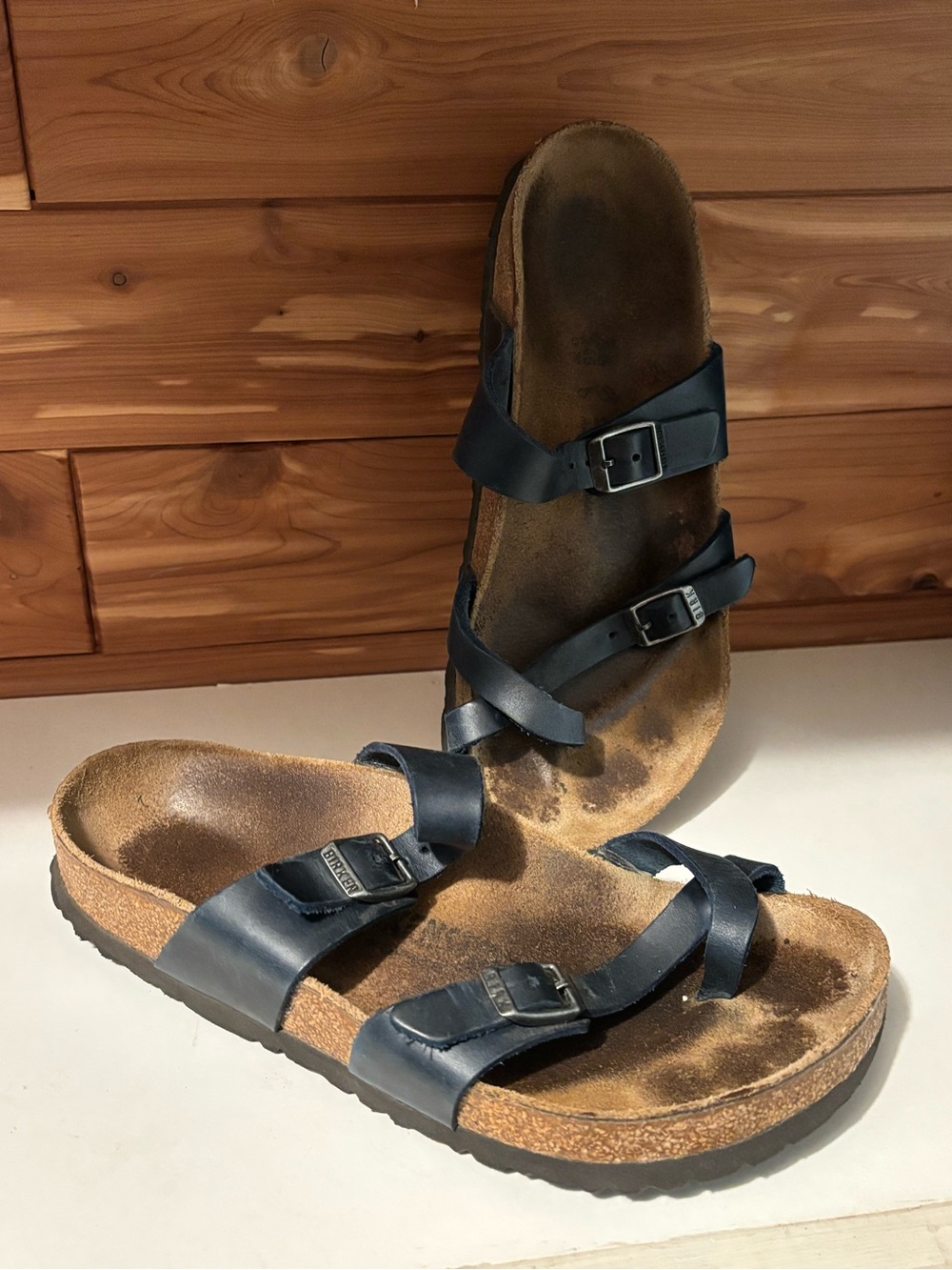 Birkenstock Mayari Navy Blue Leather Two-Strap Slide Sandals with Buckles